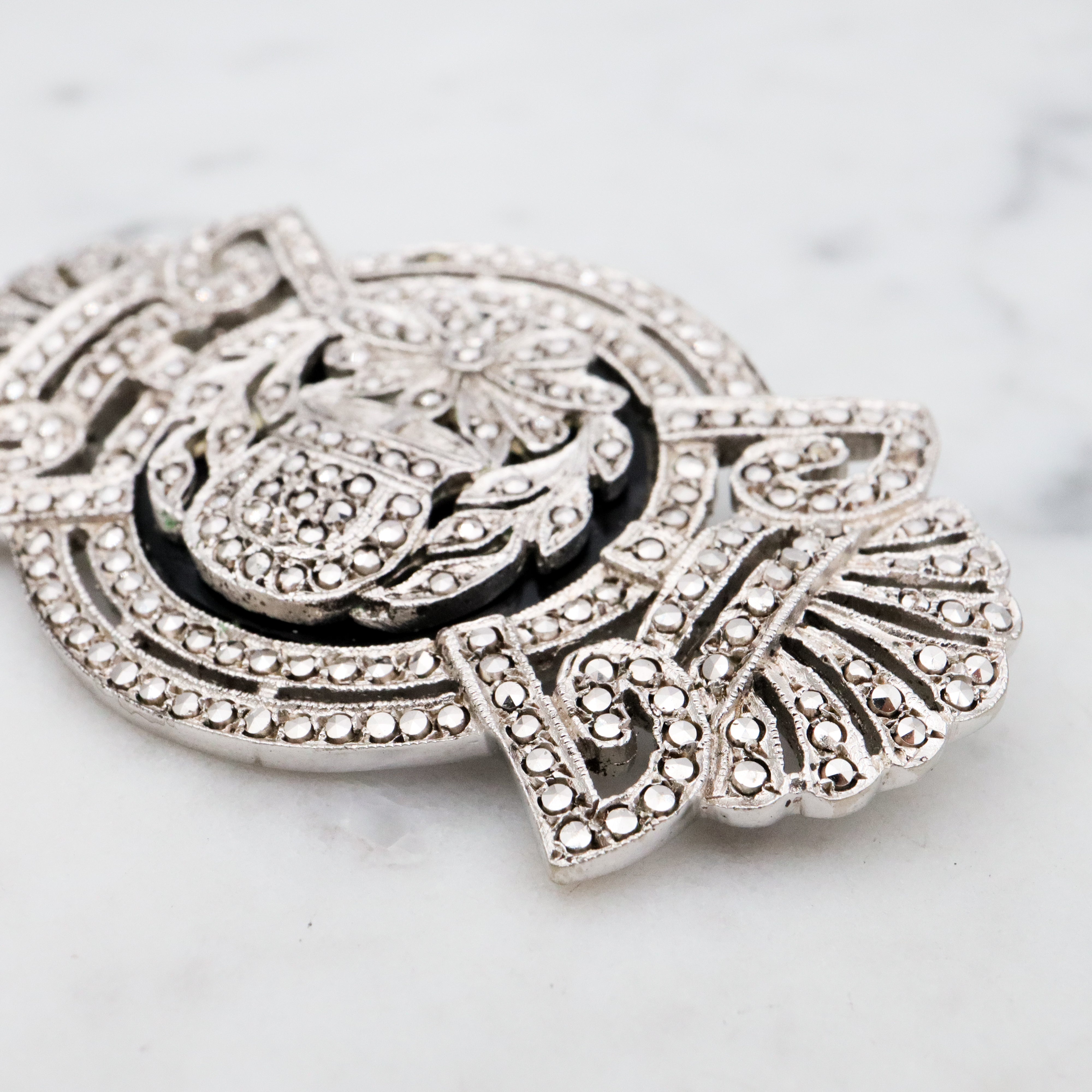 Antique Art Deco sterling marcasite floral framed brooch by EAGLE